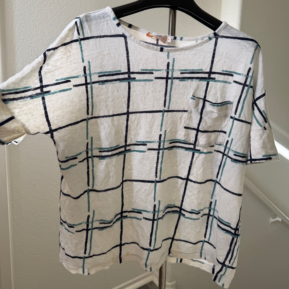 Tory Burch White Short Sleeve Tee with Navy and Teal Windowpane